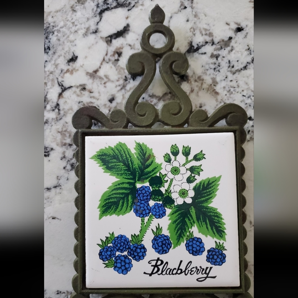 VINTAGE 1970's Blueberry Ceramic Tile Olive green cast iron Trivet.